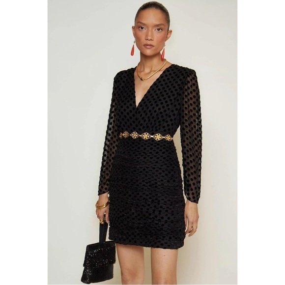 RIXO Golden Flocked Black Polka Dot Burnout L/S Mini Dress 8 - Picture 6 of 11